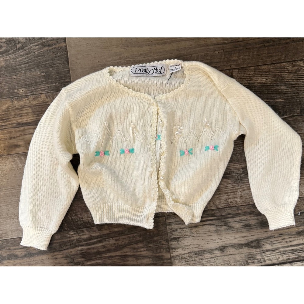 Pretty Me Vintage Girls Cream Knit Cardigan Floral Embroidery Pearl Buttons Sz 4